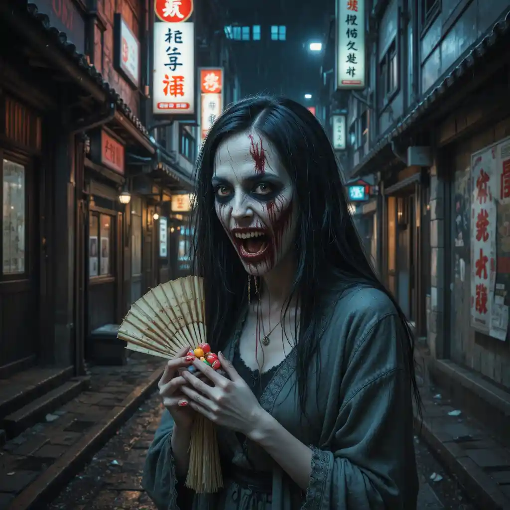 Slit mouthed spirit woman on a lonely Japanese street