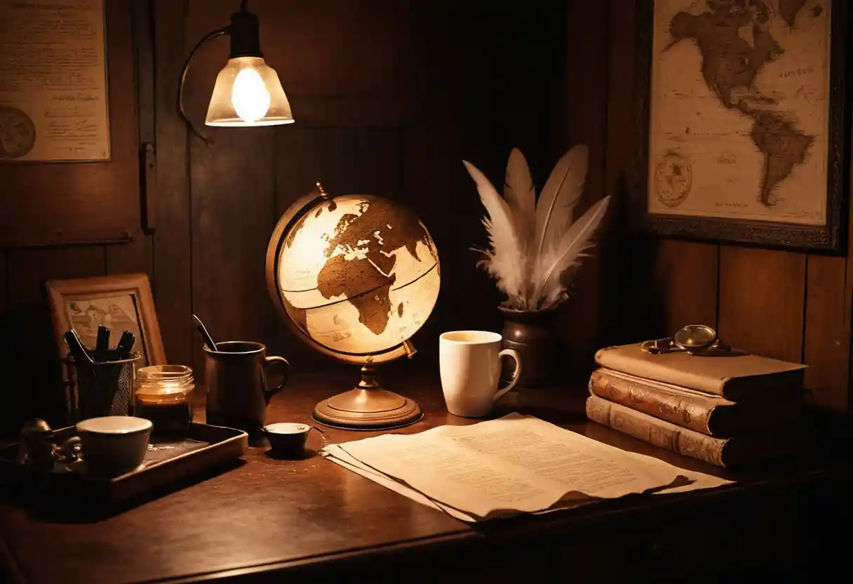 Cozy Vintage Office Desk With Globe And Coffee Mug