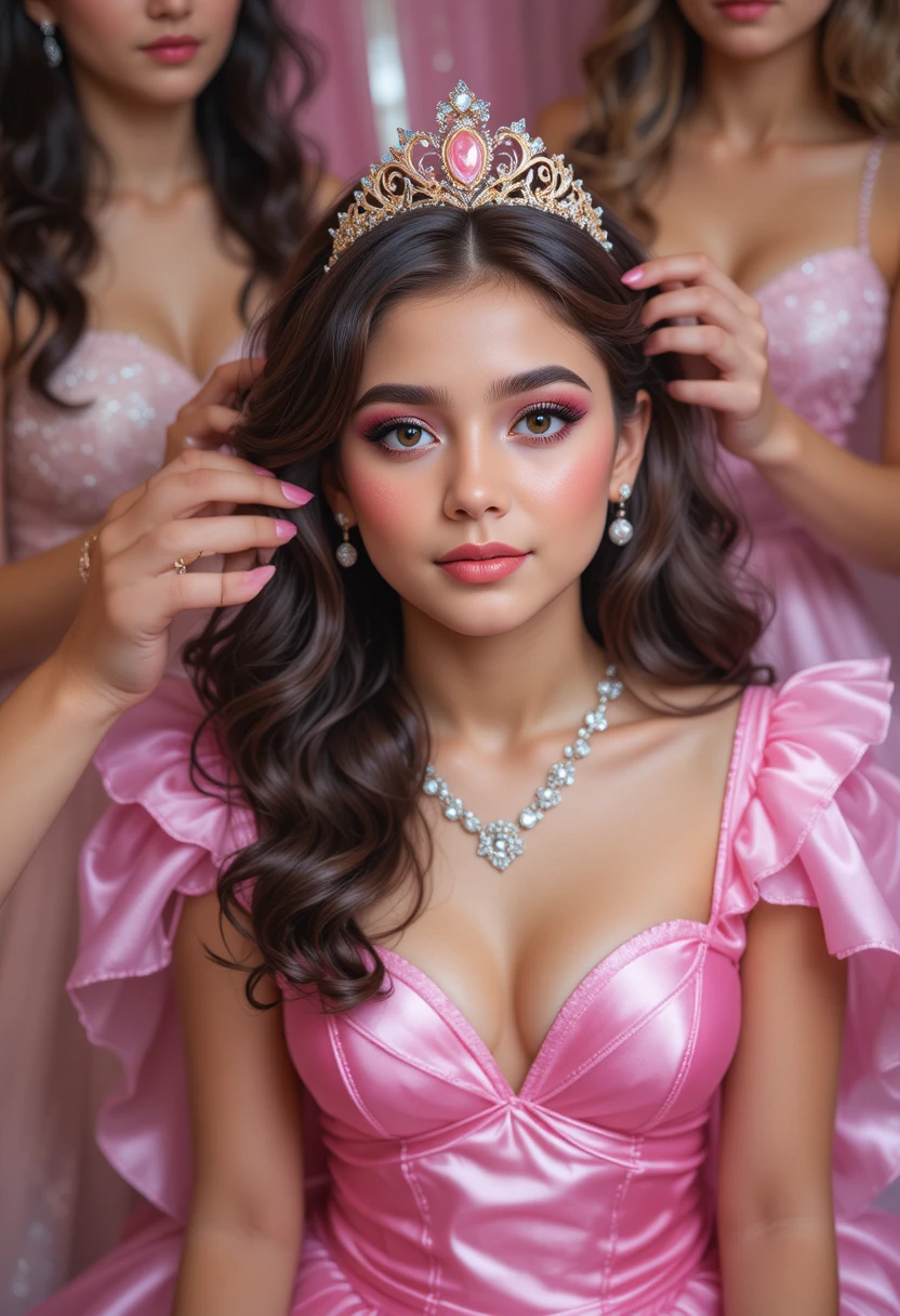 Young boy in pink gown at playful makeover party