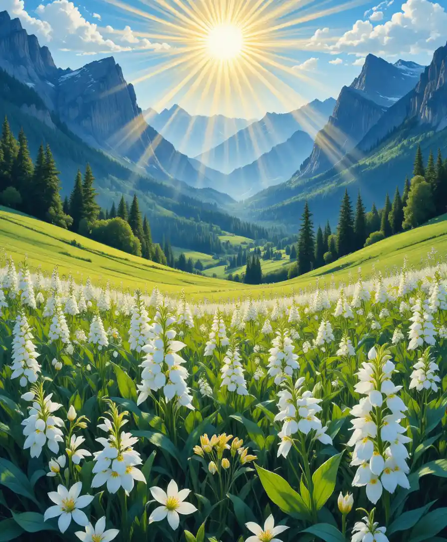 Sunlit meadow of white lilies before distant mountains