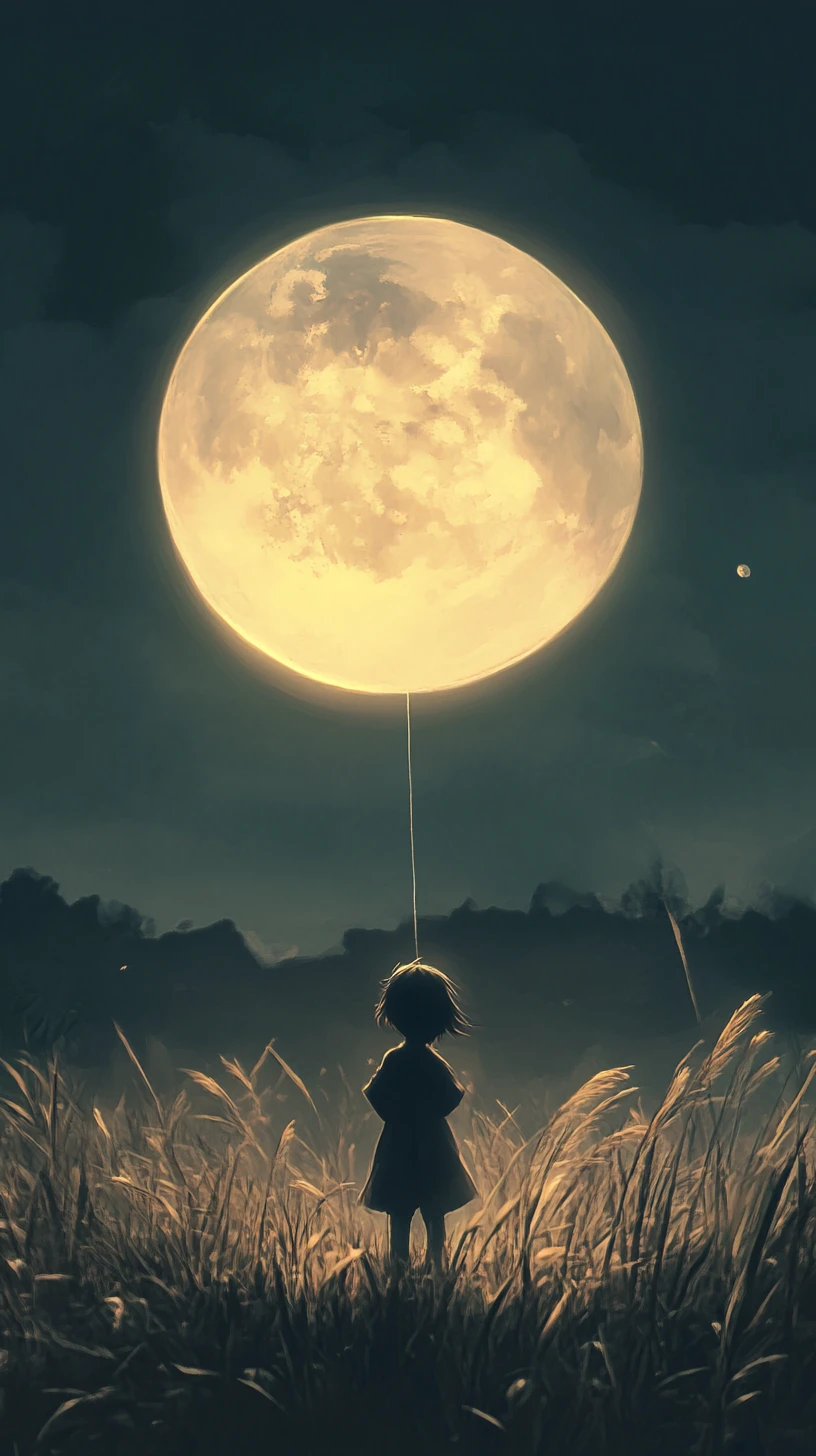 Child holding a glowing moon balloon in tall night grass