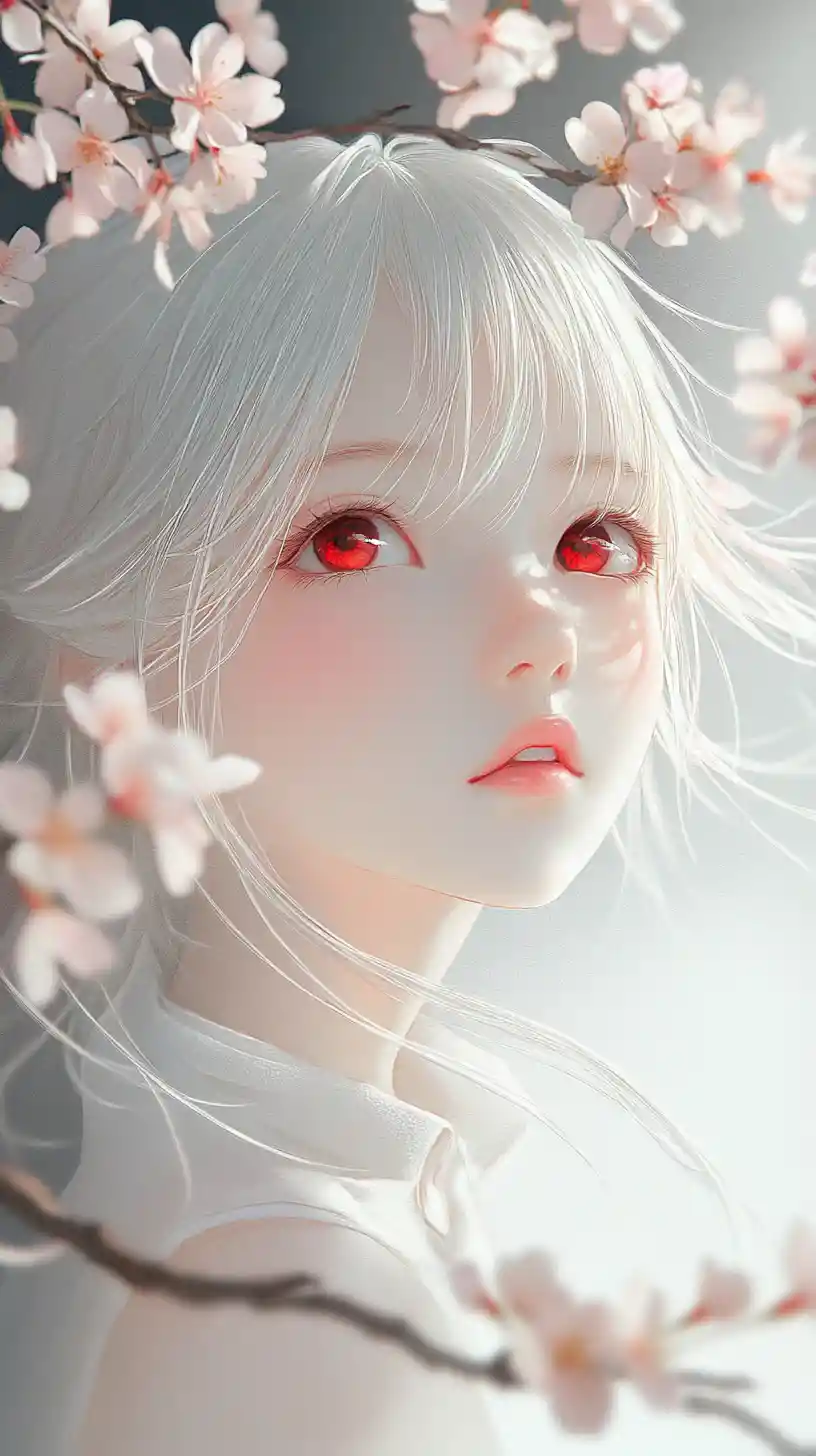 Anime girl framed by cherry blossoms in soft close up