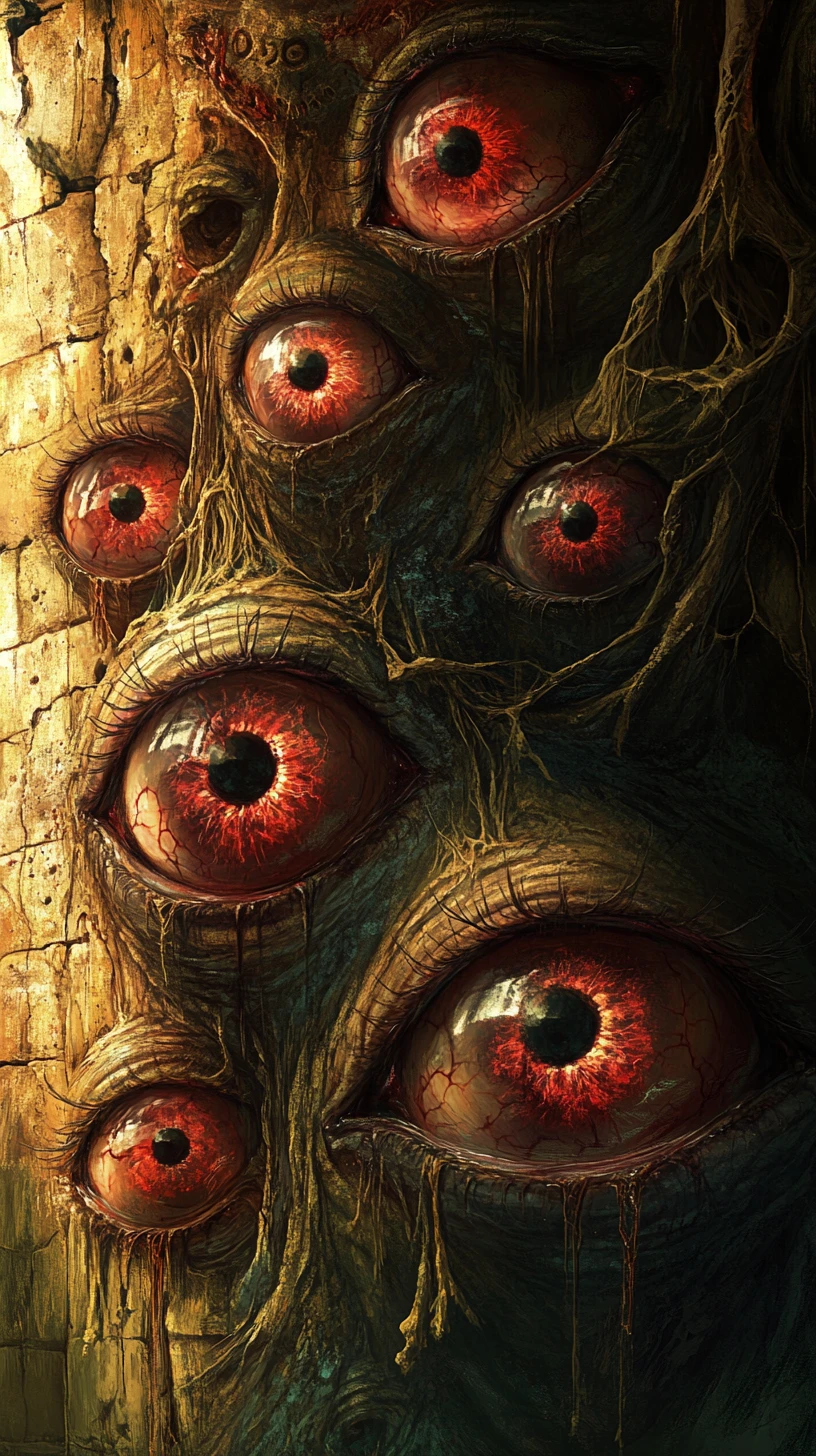 Giant red demon eyes glowing in the dark night