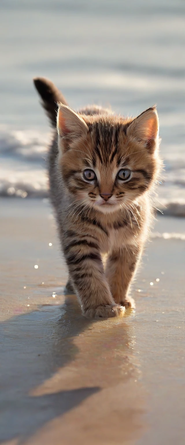 Kitten Walking In Dawn Surf On Quiet Sandy Shore