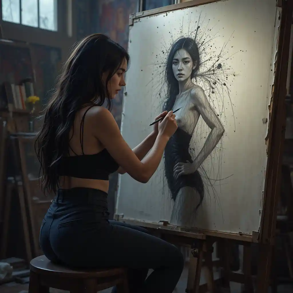 Frau skizziert ein weibliches Modell in einem stimmungsvollen Kunststudio