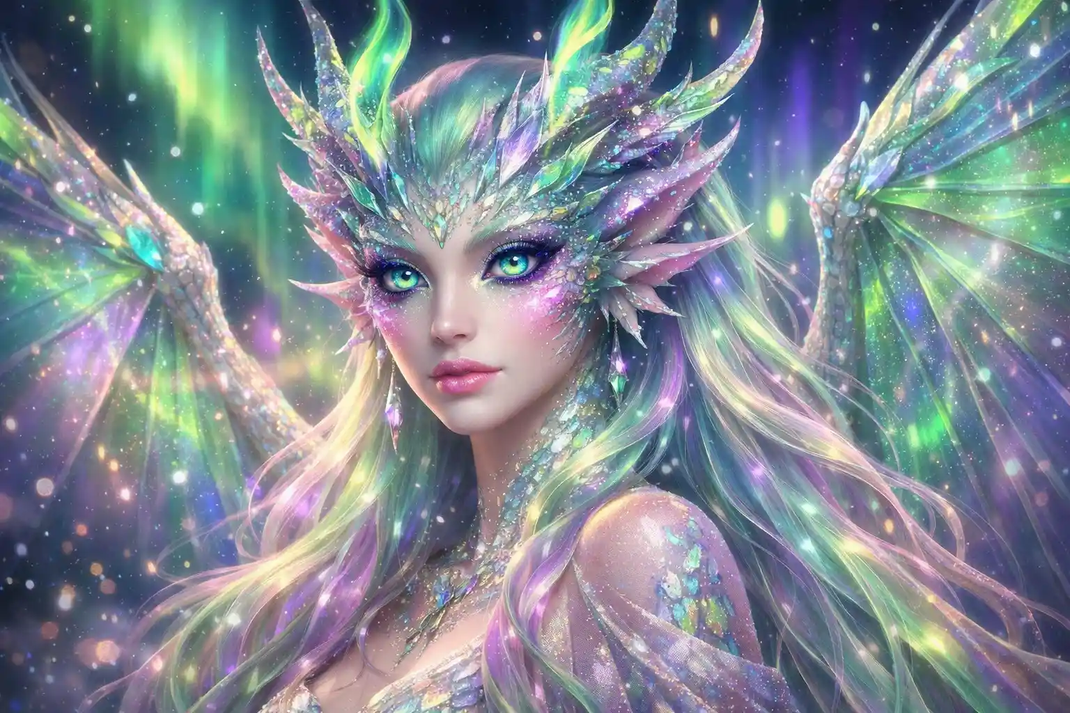 Aurora dragon goddess with luminous wings and flowing hair