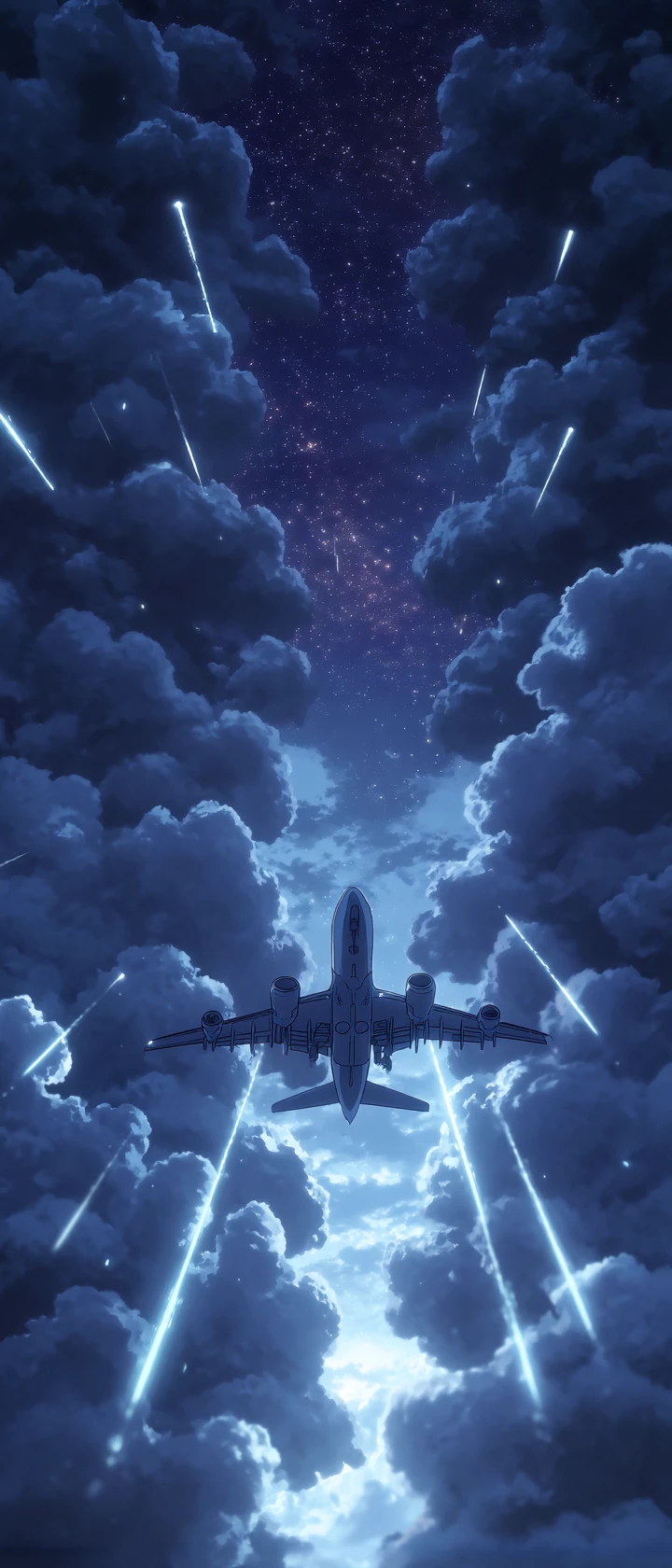 Anime pilot flying through glowing dream fragments at night