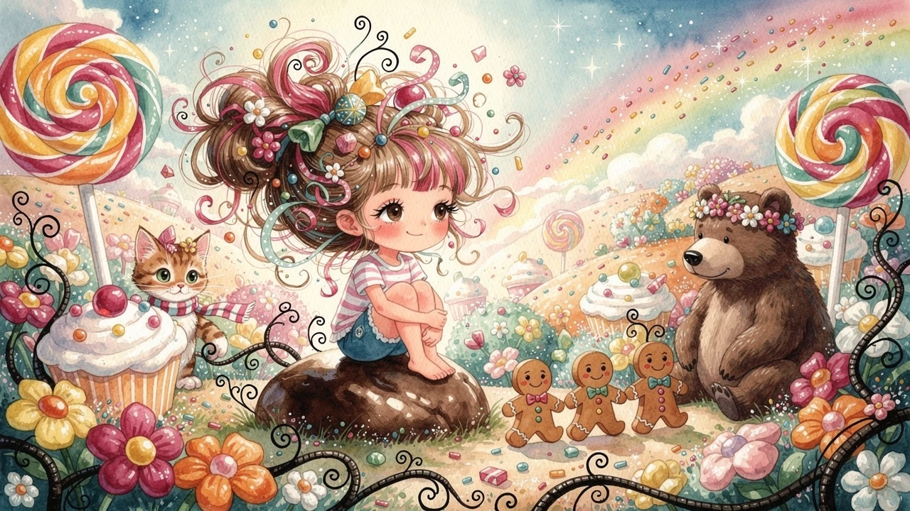 Whimsical Candy Land With Girl On Chocolate Rock