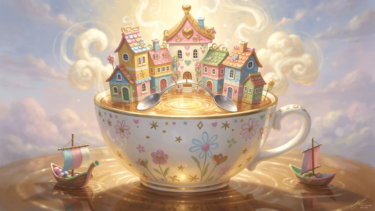 Surreal Tiny Village Floating In A Glowing Porcelain Teacup