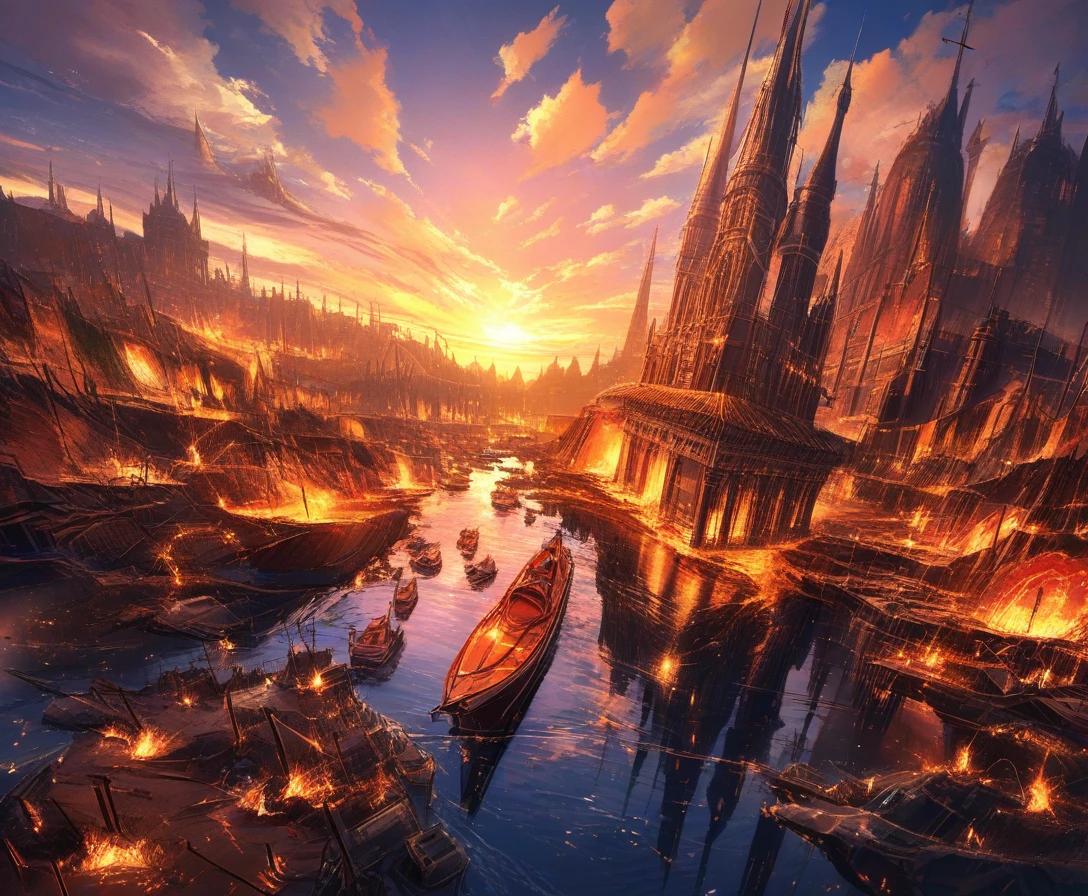 Venetian harbor ships glowing in a molten wax sunset