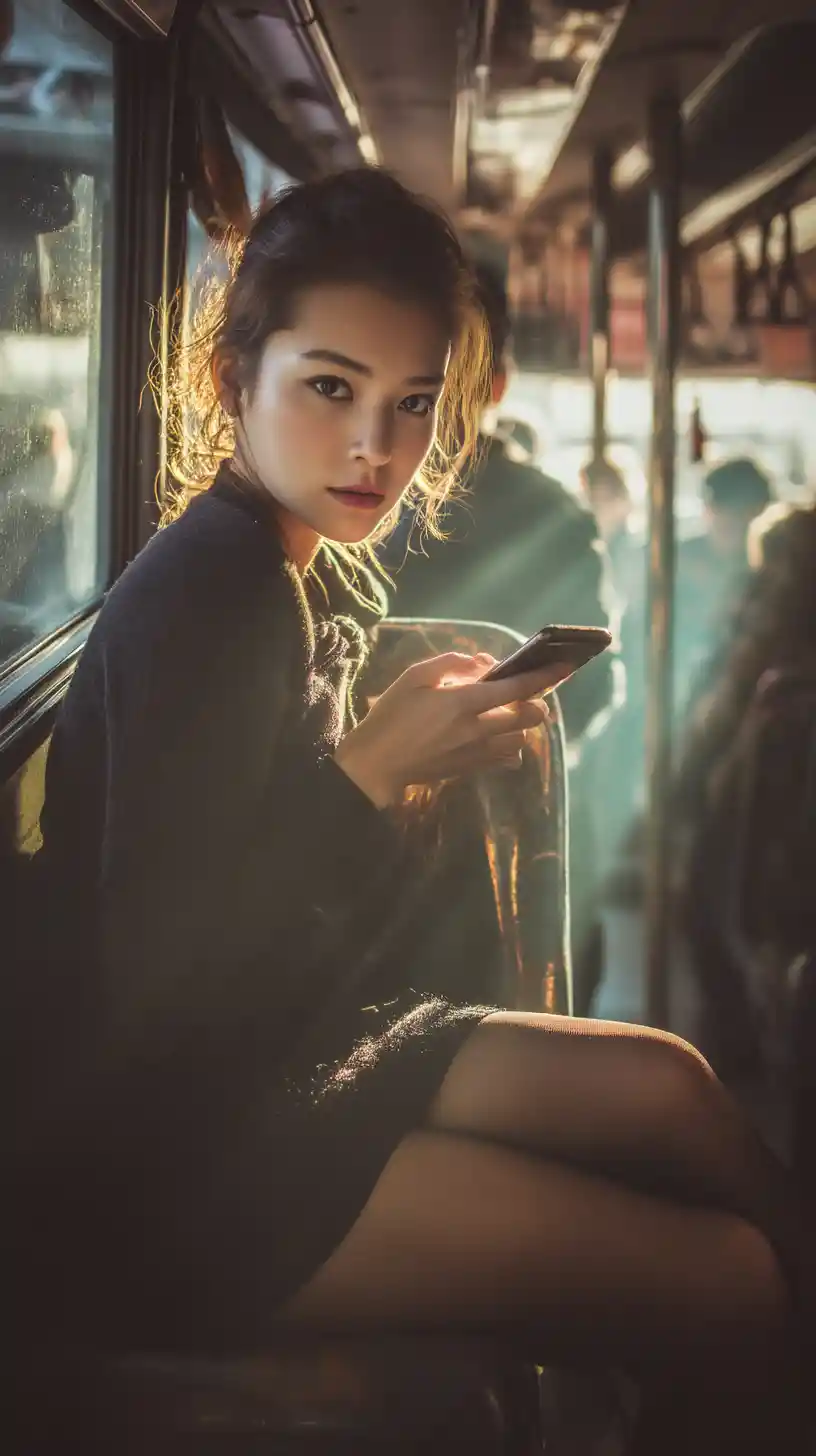 Asian woman on morning bus using her smartphone
