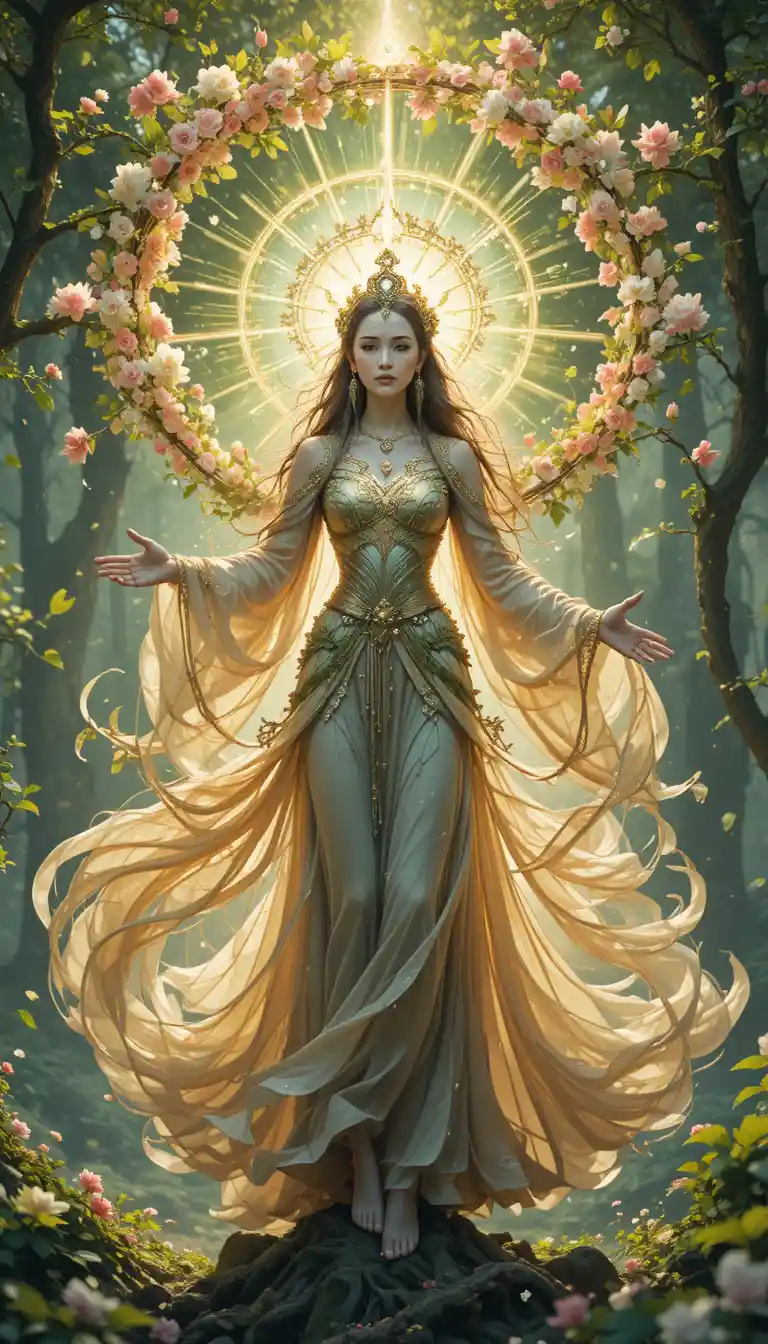 Goddess of May wrapped in flowing floral spring robes