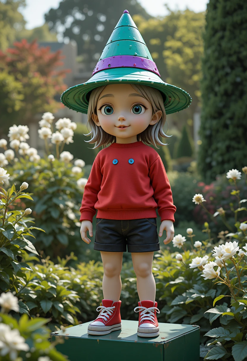 Whimsical childlike doll statue in a blooming garden