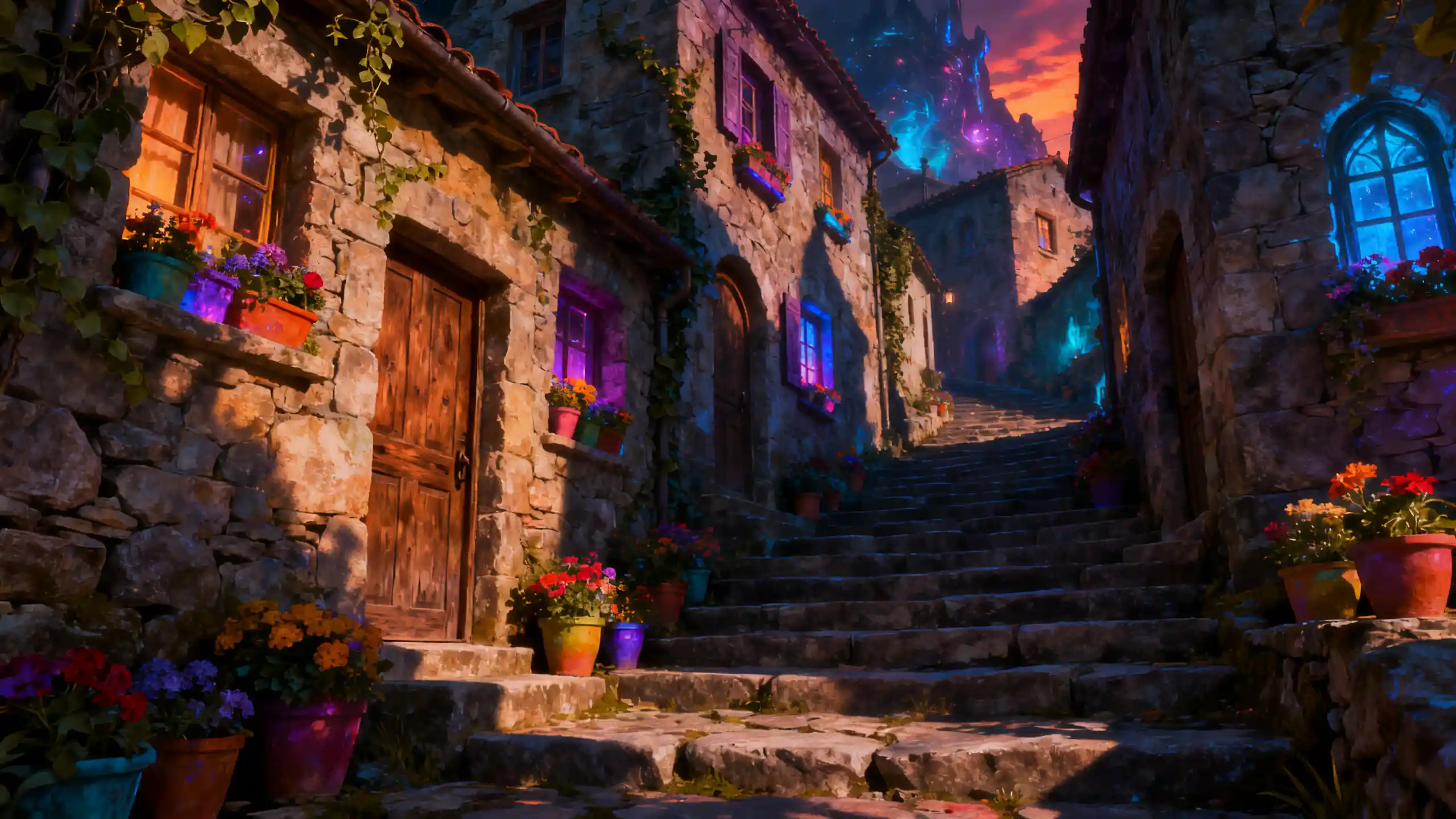 Narrow stone alleyway lined with flower filled old houses