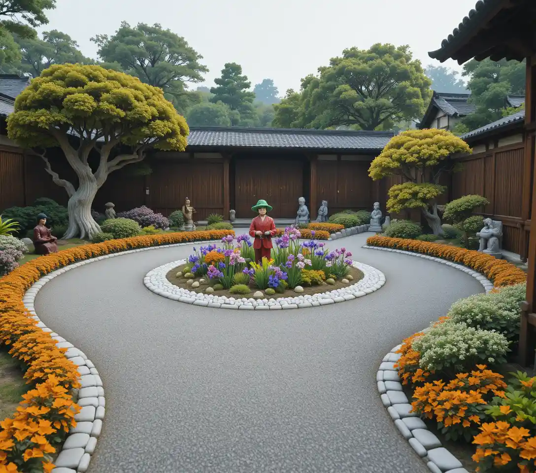 Japanese style garden courtyard with winding gravel path