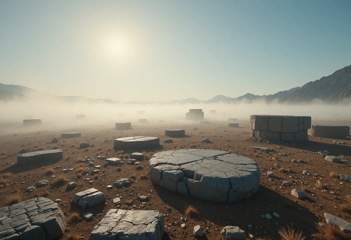 Sunlit dry plain with rocks under a high bright sky