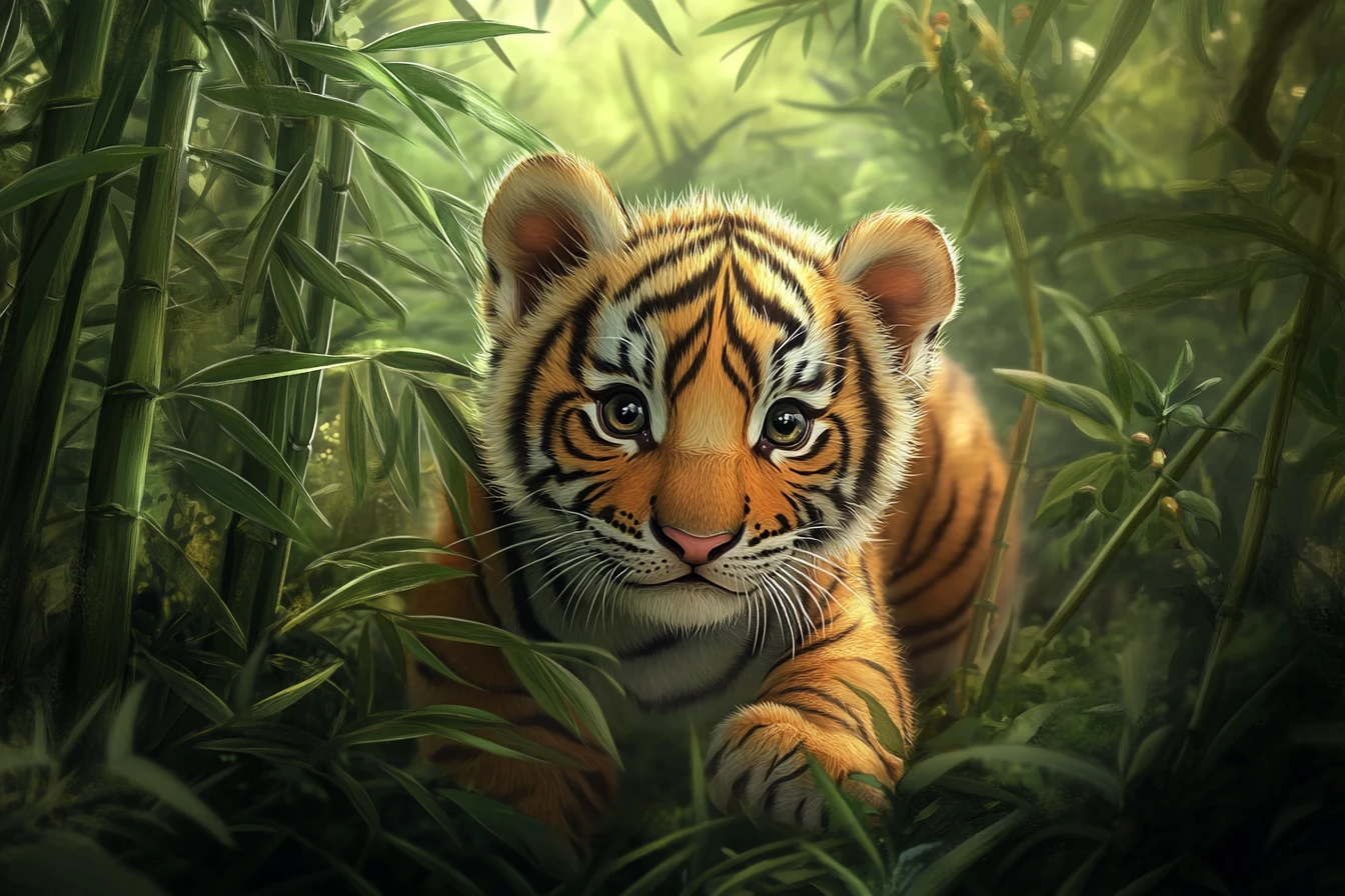 Cute tiger cub exploring beside jungle grass and bamboo