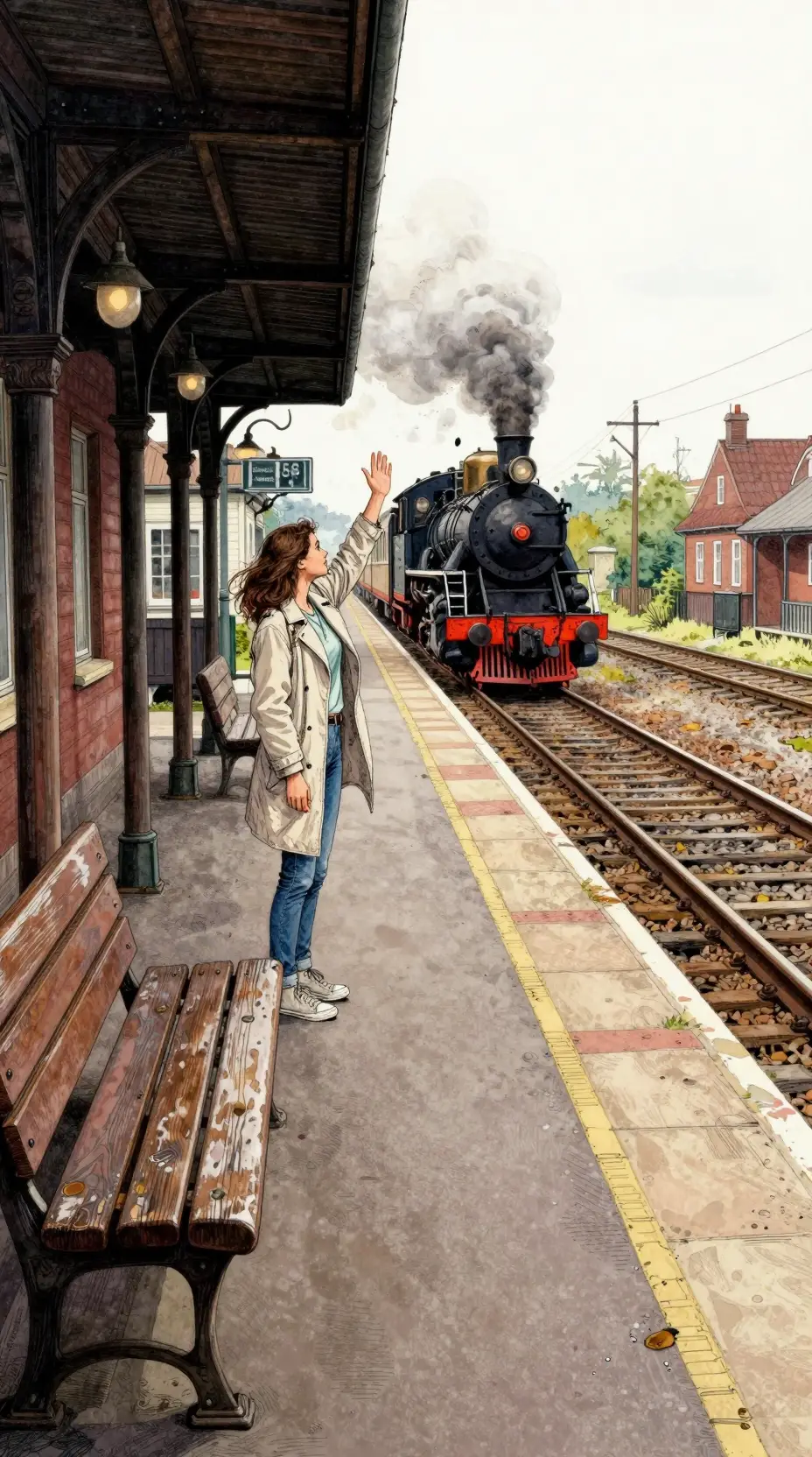 Jovem acenando em uma plataforma de trem de cidade pequena