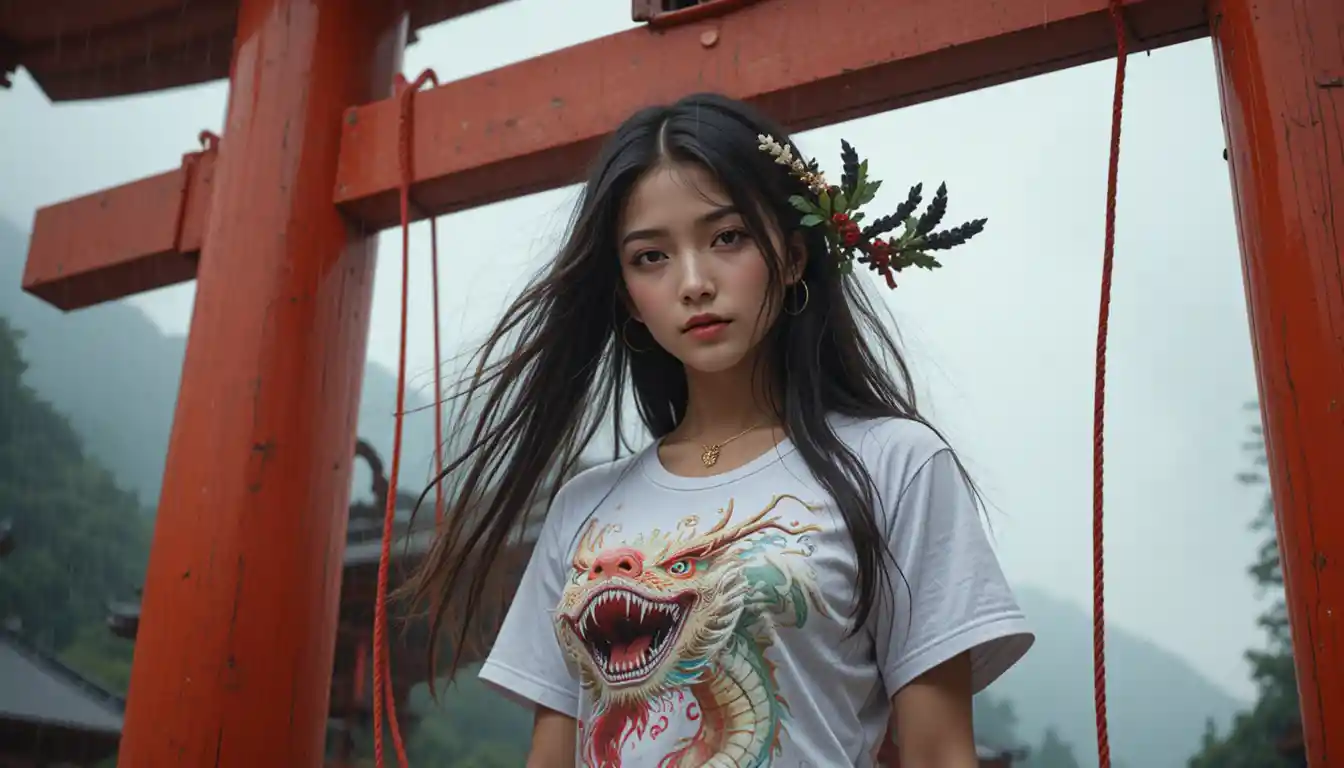 Japanese woman bound to torii gate with fiery dragon