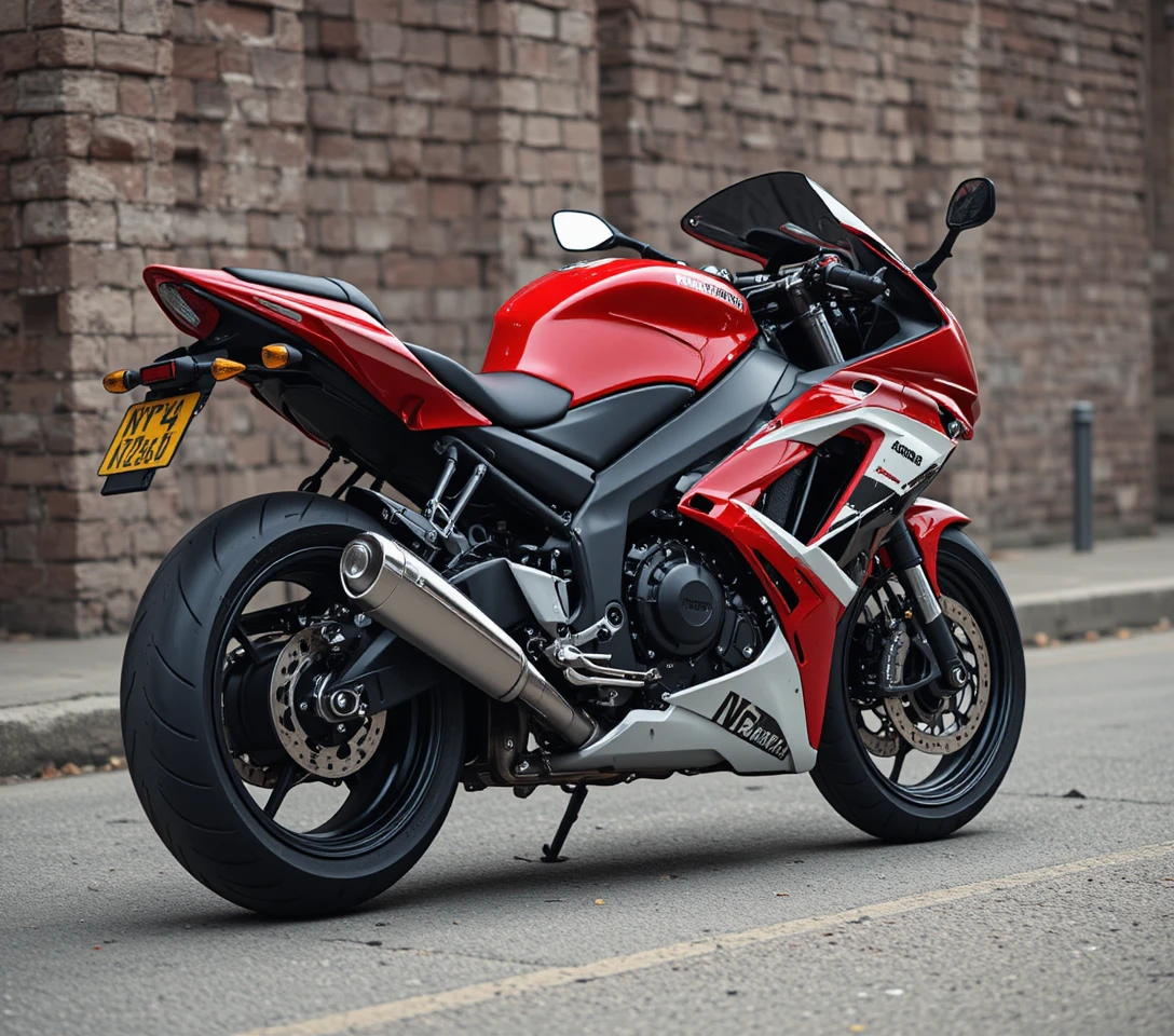 Red and white sport motorcycle parked by brick wall