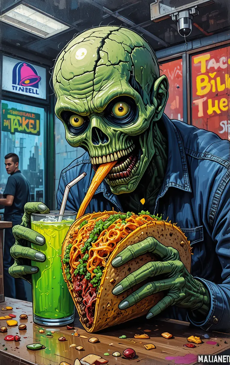 Pale green zombie eating tacos in a fast food restaurant