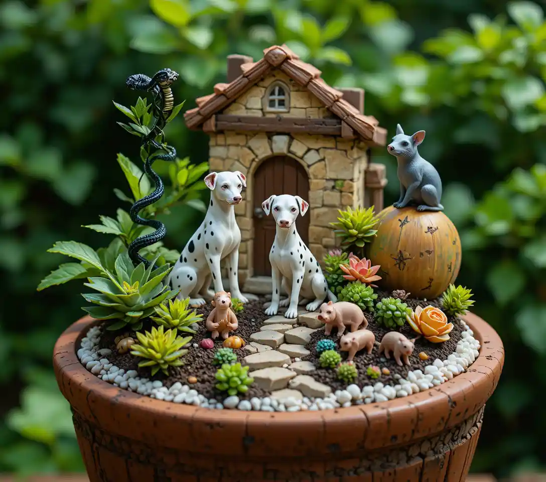 Miniature garden scene with dalmatian puppies and tiny cottage