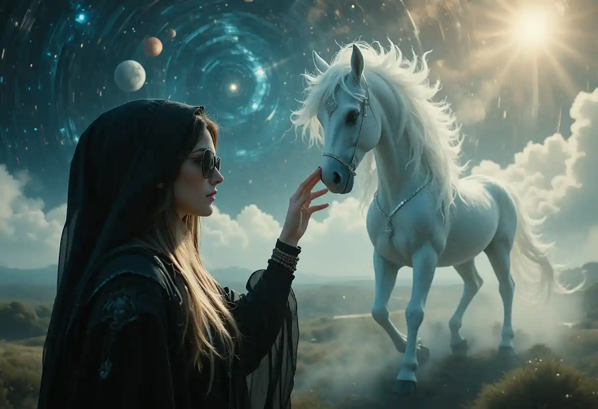 Mystical woman in hood touching ethereal cosmic horse