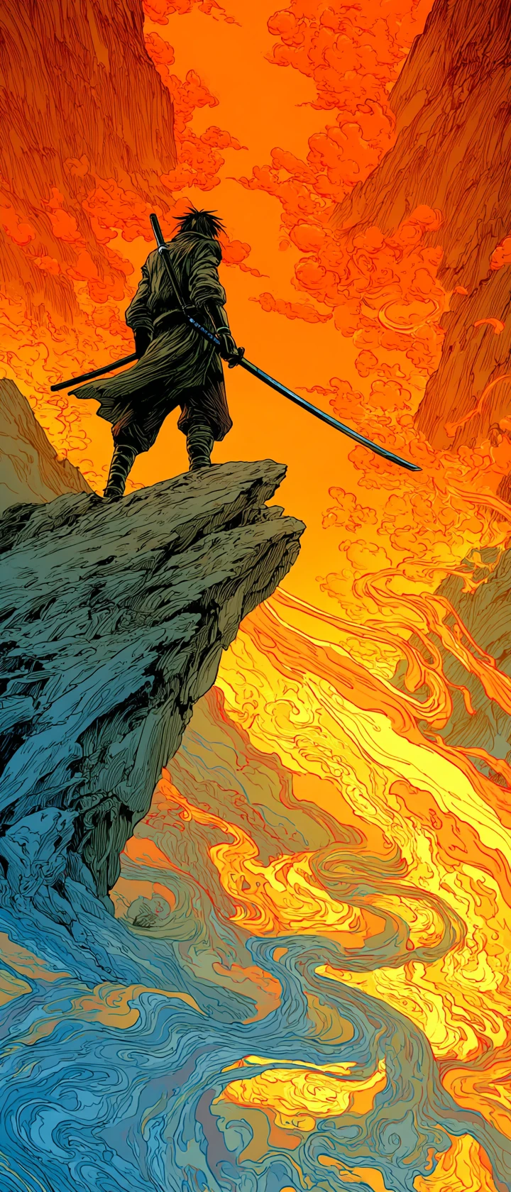 Anime samurai on cliff with glowing blade and swirling colors