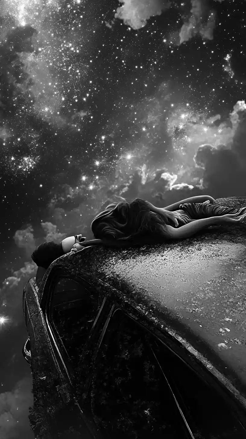 Casal deitado no capô do carro sob um céu noturno silencioso
