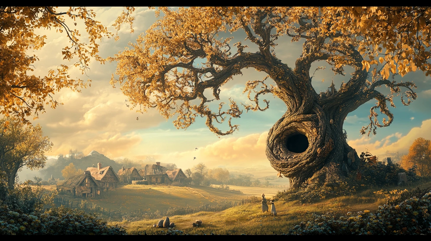 Majestic tree with eye like knot in a dreamy landscape