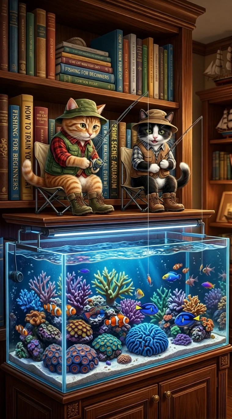 Anthropomorphic fishing cats above a glowing aquarium