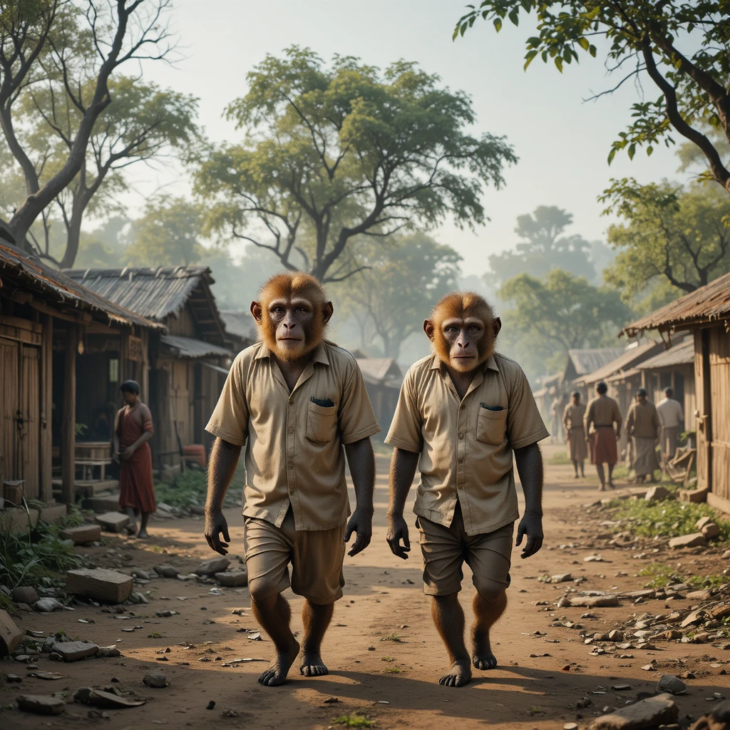 Realistic Indian village morning with monkeys among villagers