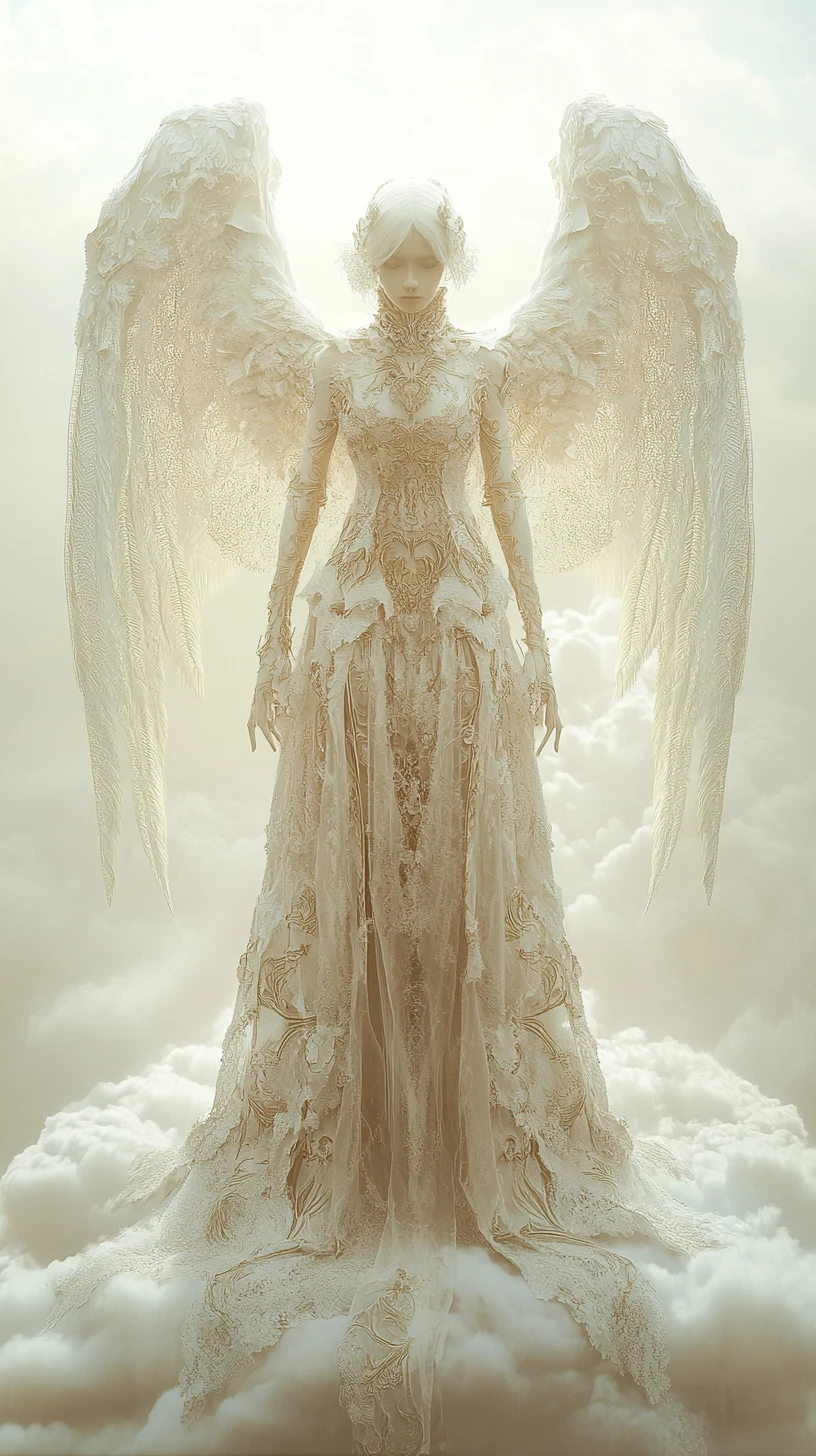 Surreal angelic woman standing on a vast white cloud