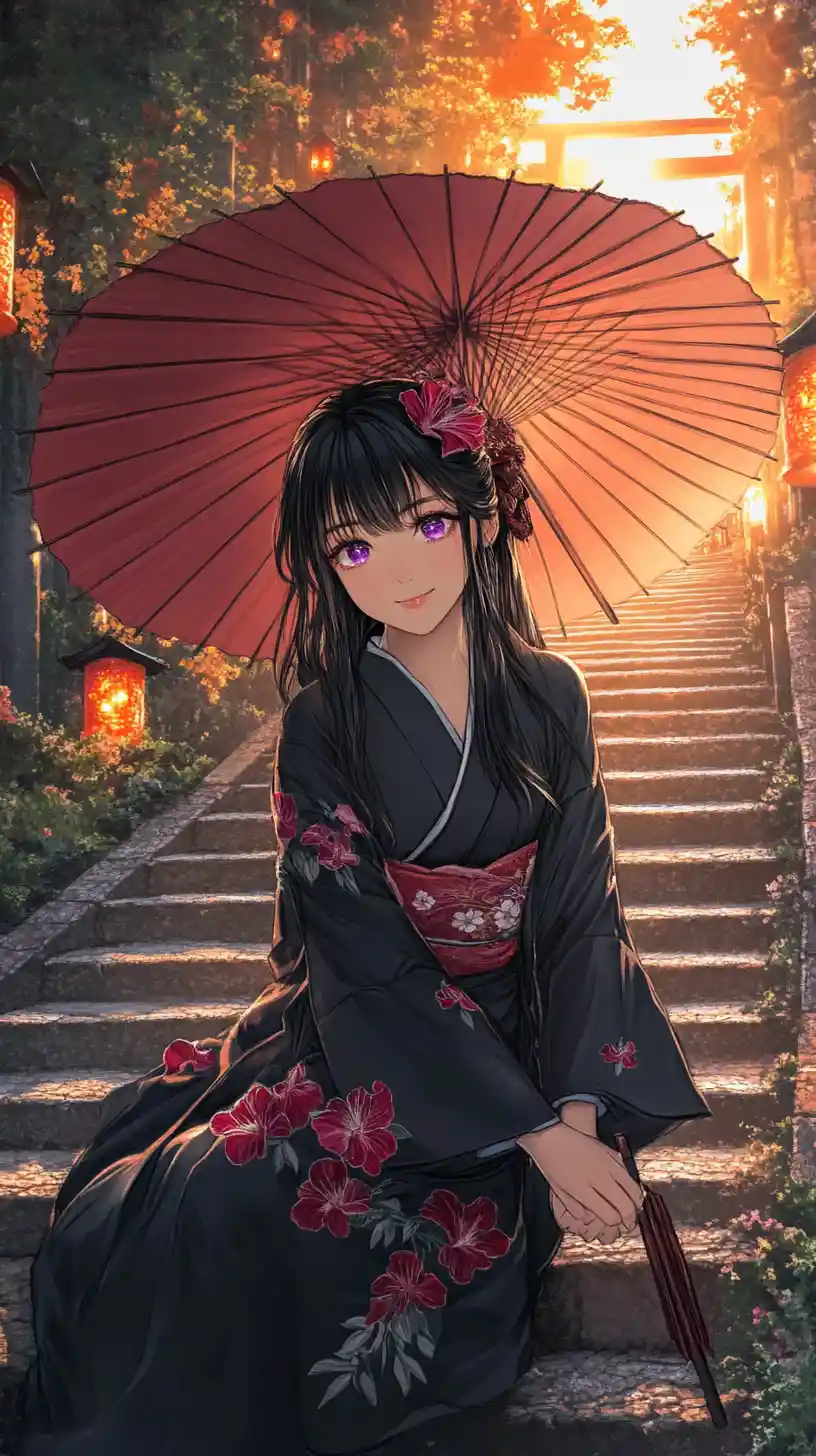 Anime girl in black kimono on twilight temple steps