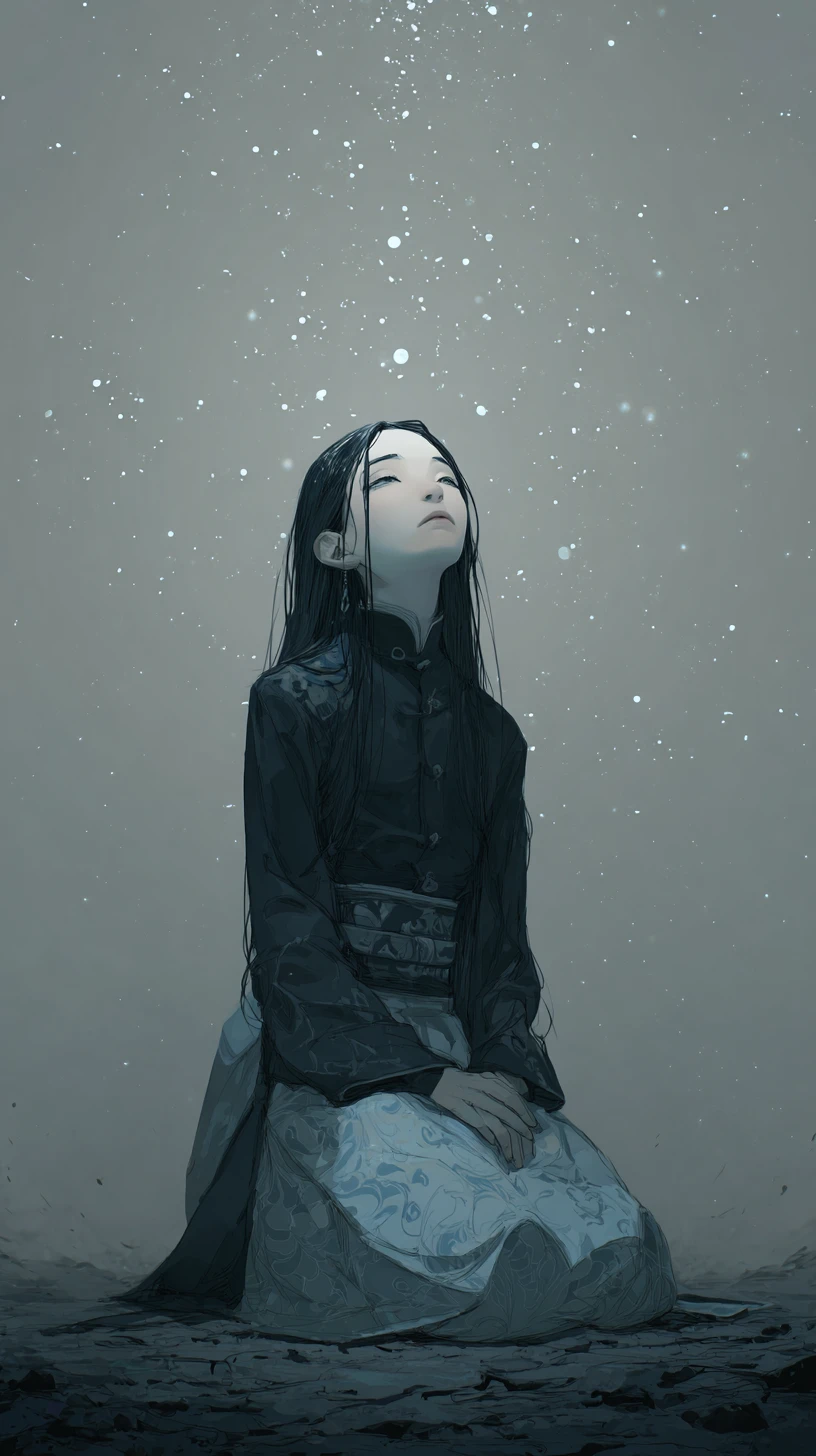 Ukiyo e style woman kneeling under soft falling white specks