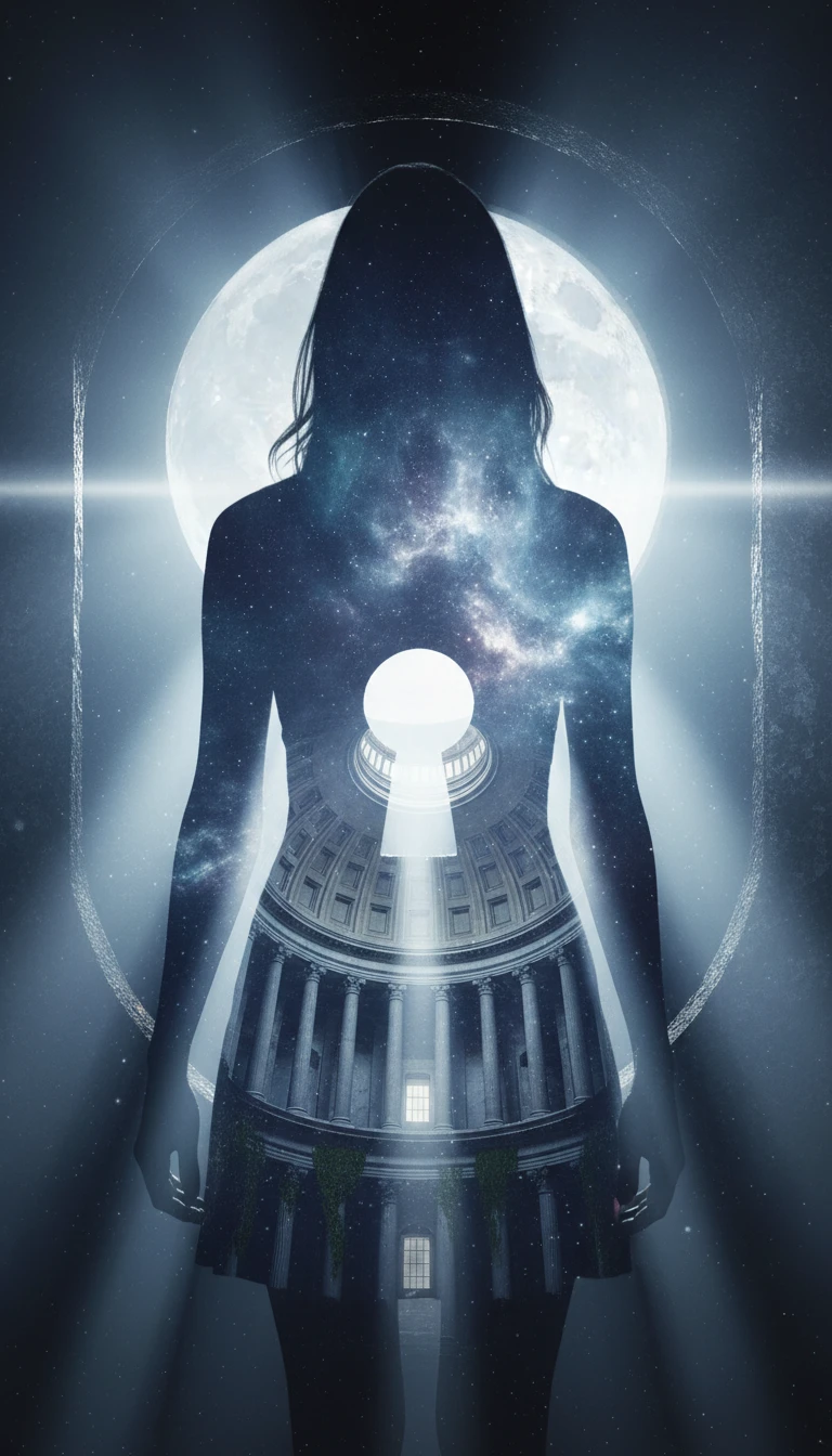 Female silhouette with dome seen through an old keyhole