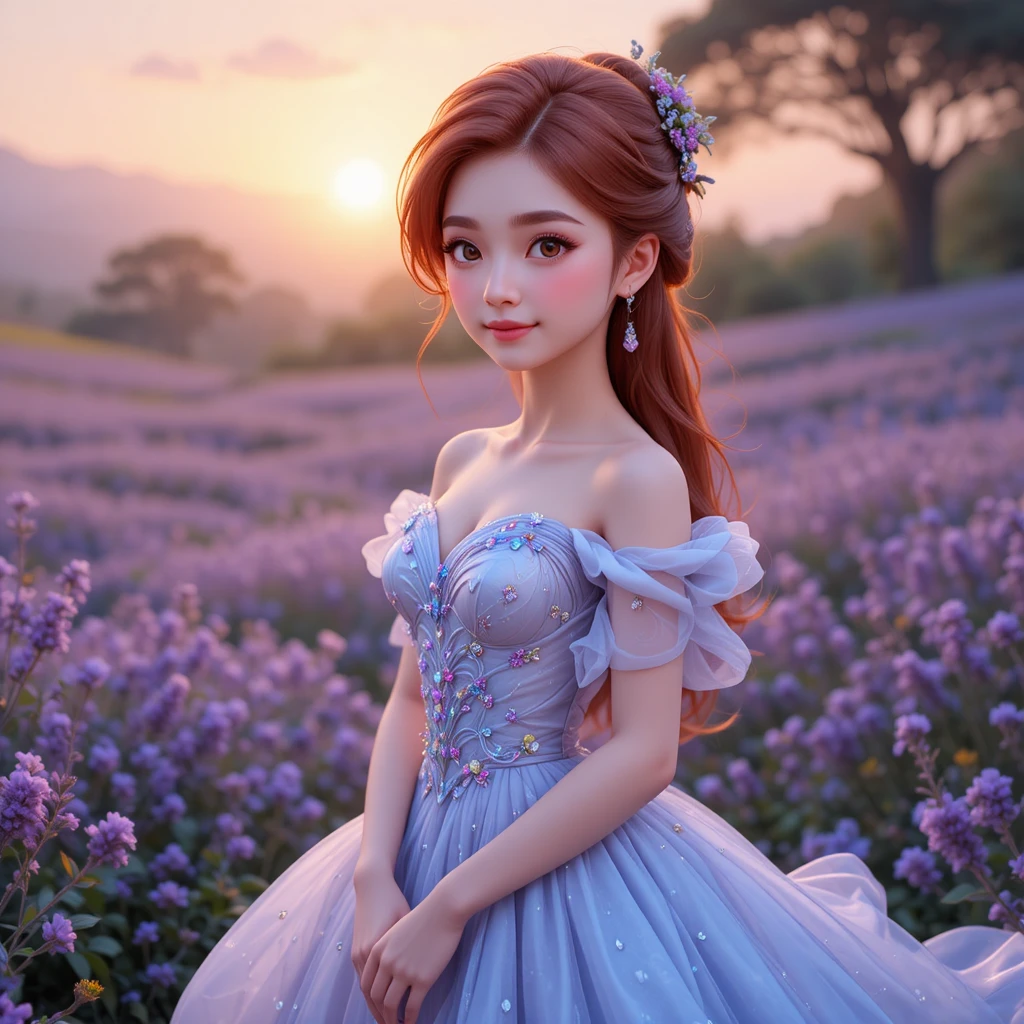 Red haired girl in blue gown at sunrise meadow