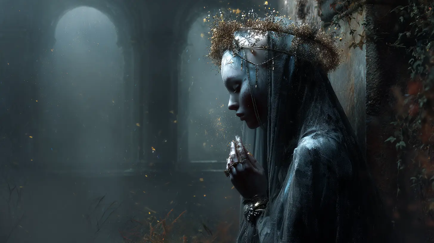 Ethereal African priestess performing ritual in ancient ruins