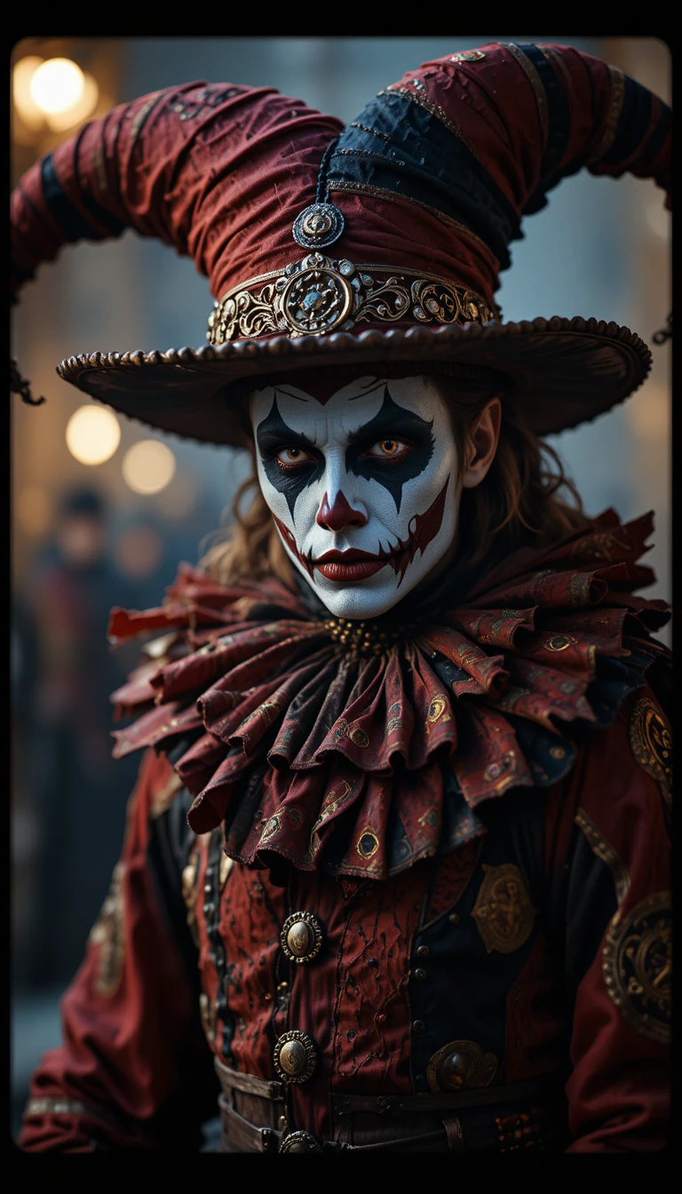 Medieval jester in patchwork costume with creepy face paint