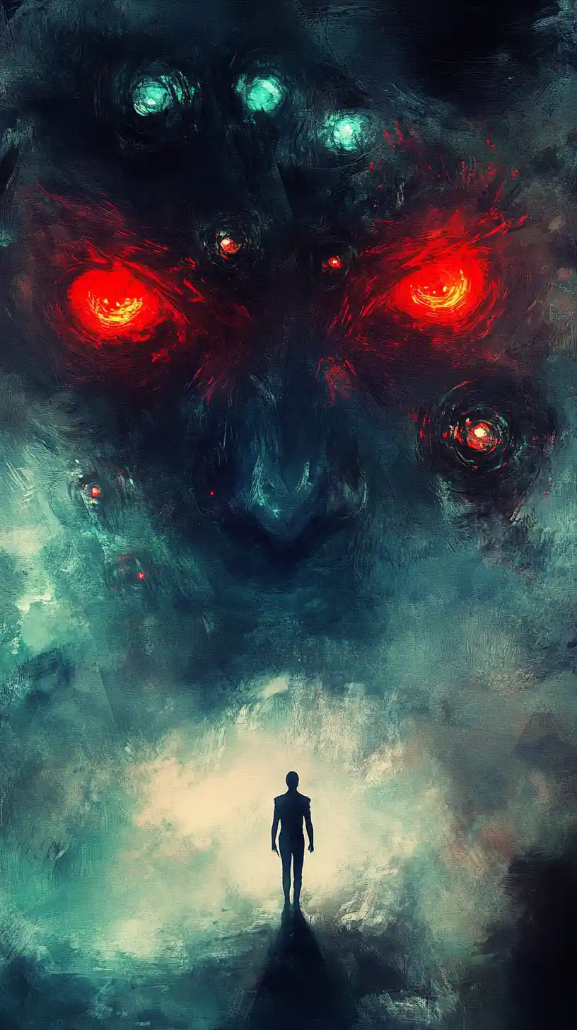 Red glowing demon eyes staring from the dark night