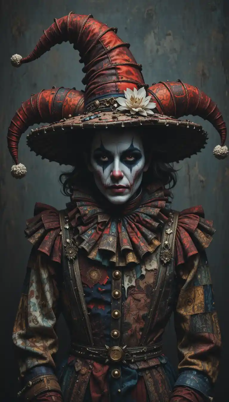Medieval jester with red and black hat and face paint