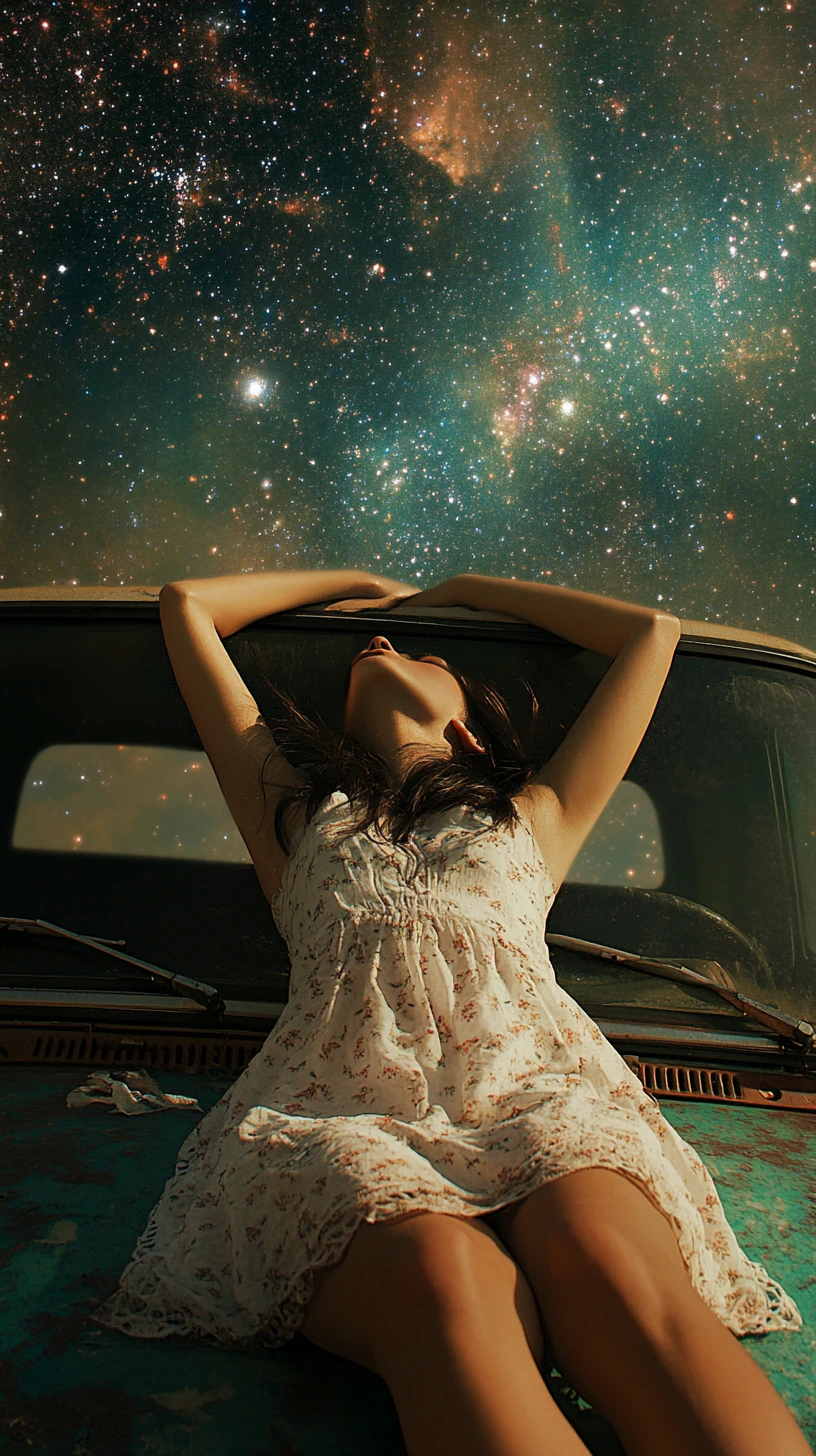 Girl lying on a car hood under a quiet starry sky