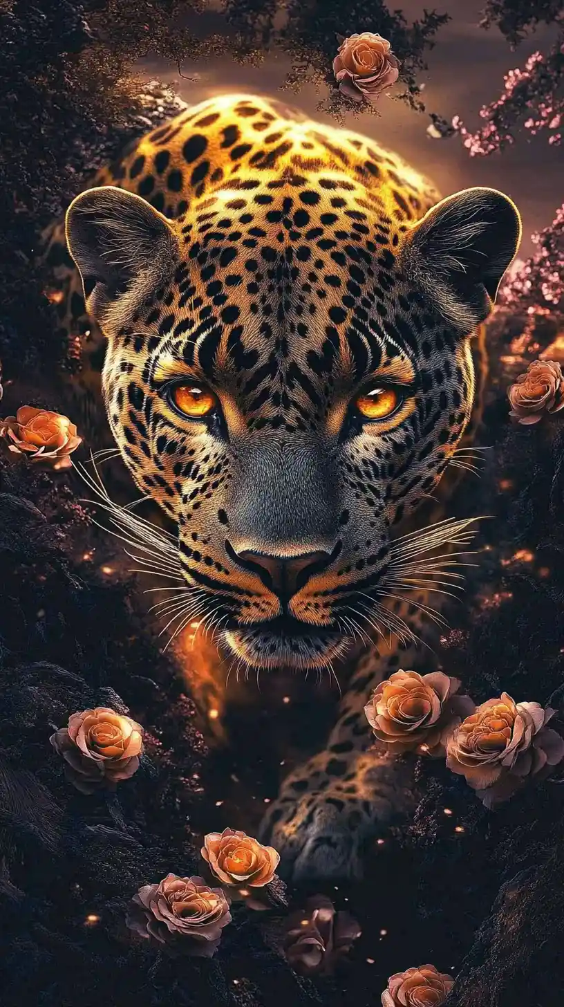 Close up leopard portrait with golden fur and intense gaze