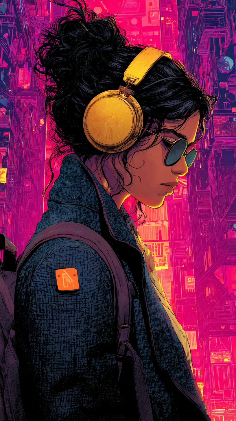 Cyberpunk girl in headphones with neon city glow