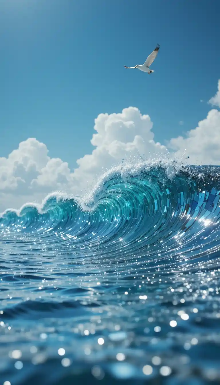 Surreal mirrored ocean waves with albatross in flight