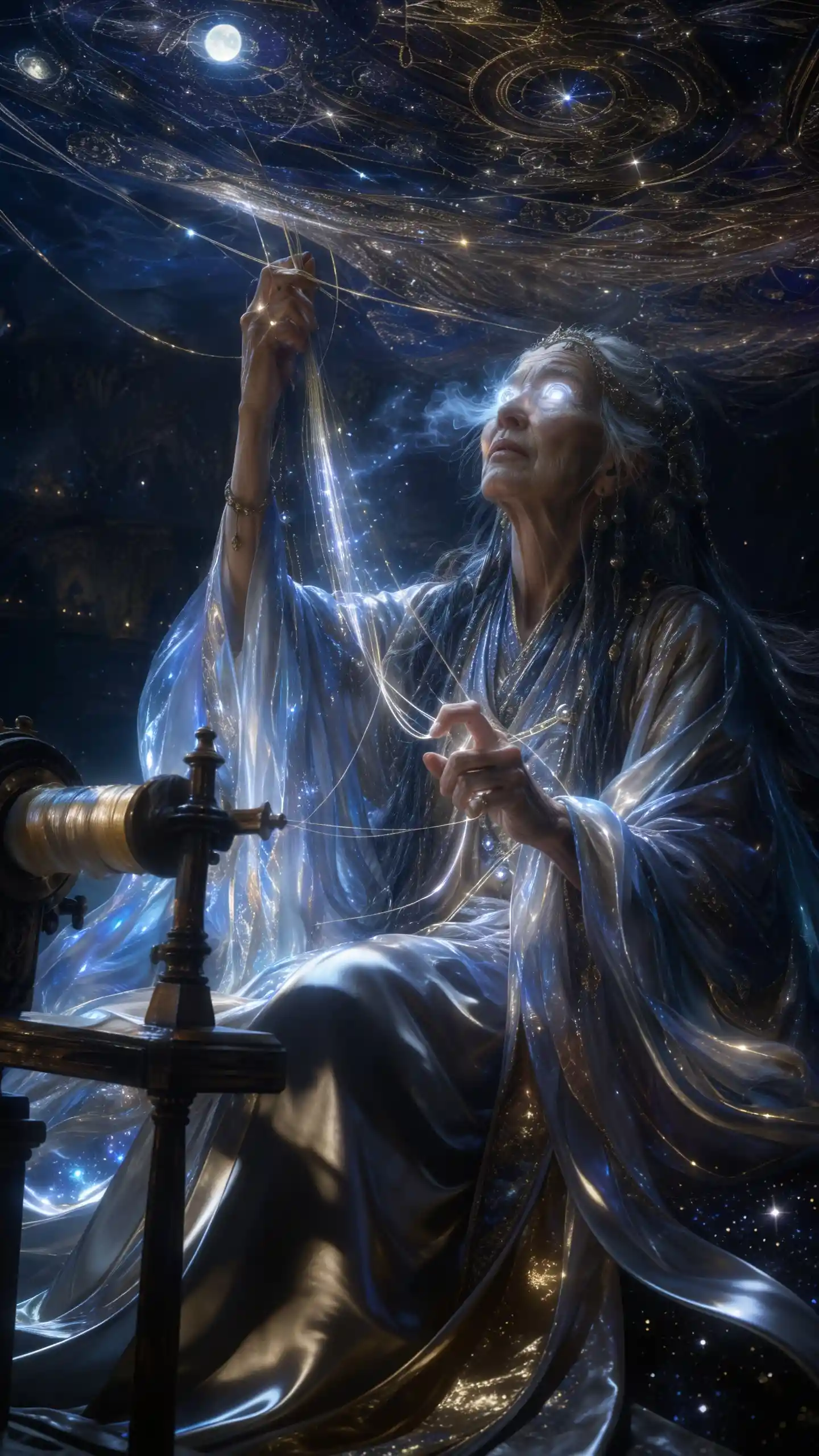Ancient silk weaver spinning celestial threads in a cave