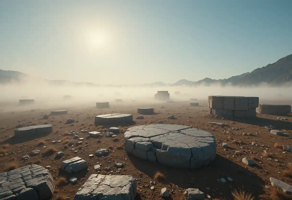 Sunlit dry plain with rocks under a high bright sky
