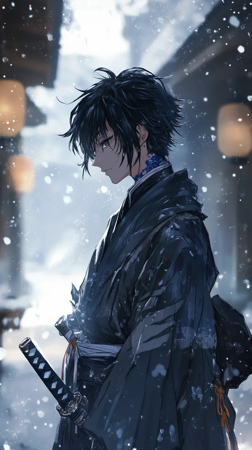 Anime swordsman in snowy street with somber profile