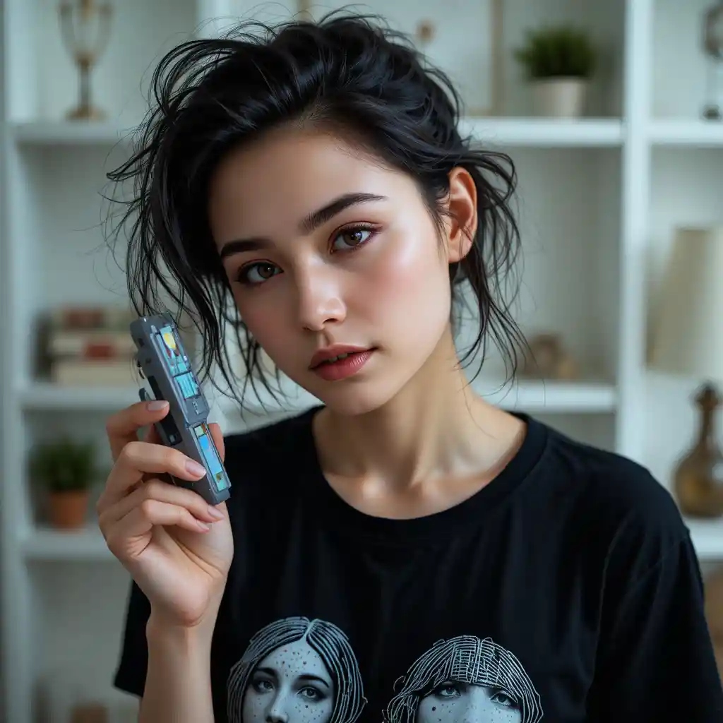 Analytical woman holding futuristic device in soft indoor light