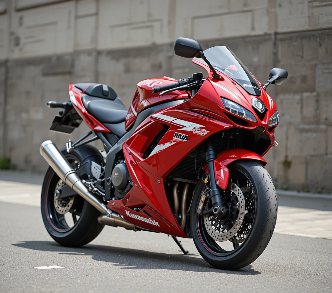 Red and white sport motorcycle parked by brick wall